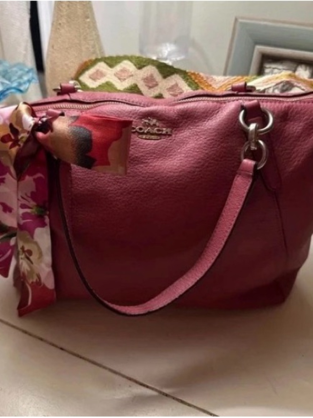 Coach Rose Pink Pebbled Leather Shoulder Bag with Floral Scarf